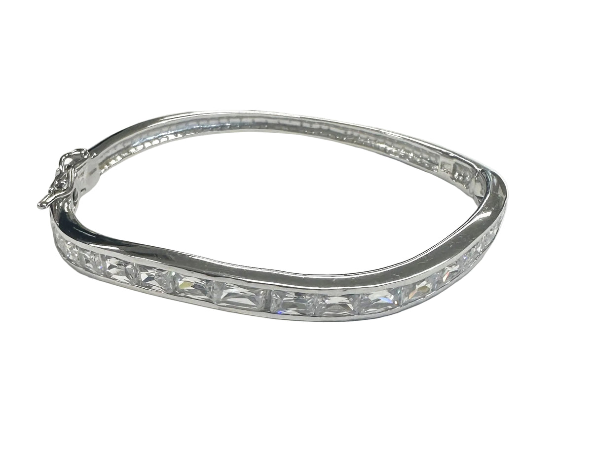 White Cubic Zirconia Silver Twist Design Bangle.
