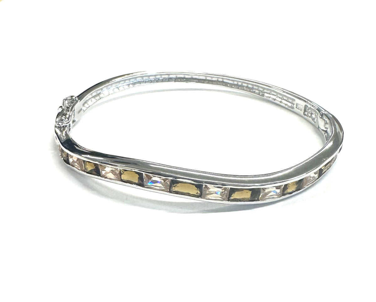 Champagne And Smokey Quartz Cubic Zirconia Silver Twist Design Bangle.