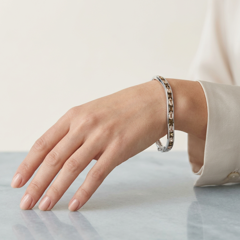 Champagne And Smokey Quartz Cubic Zirconia Silver Twist Design Bangle.