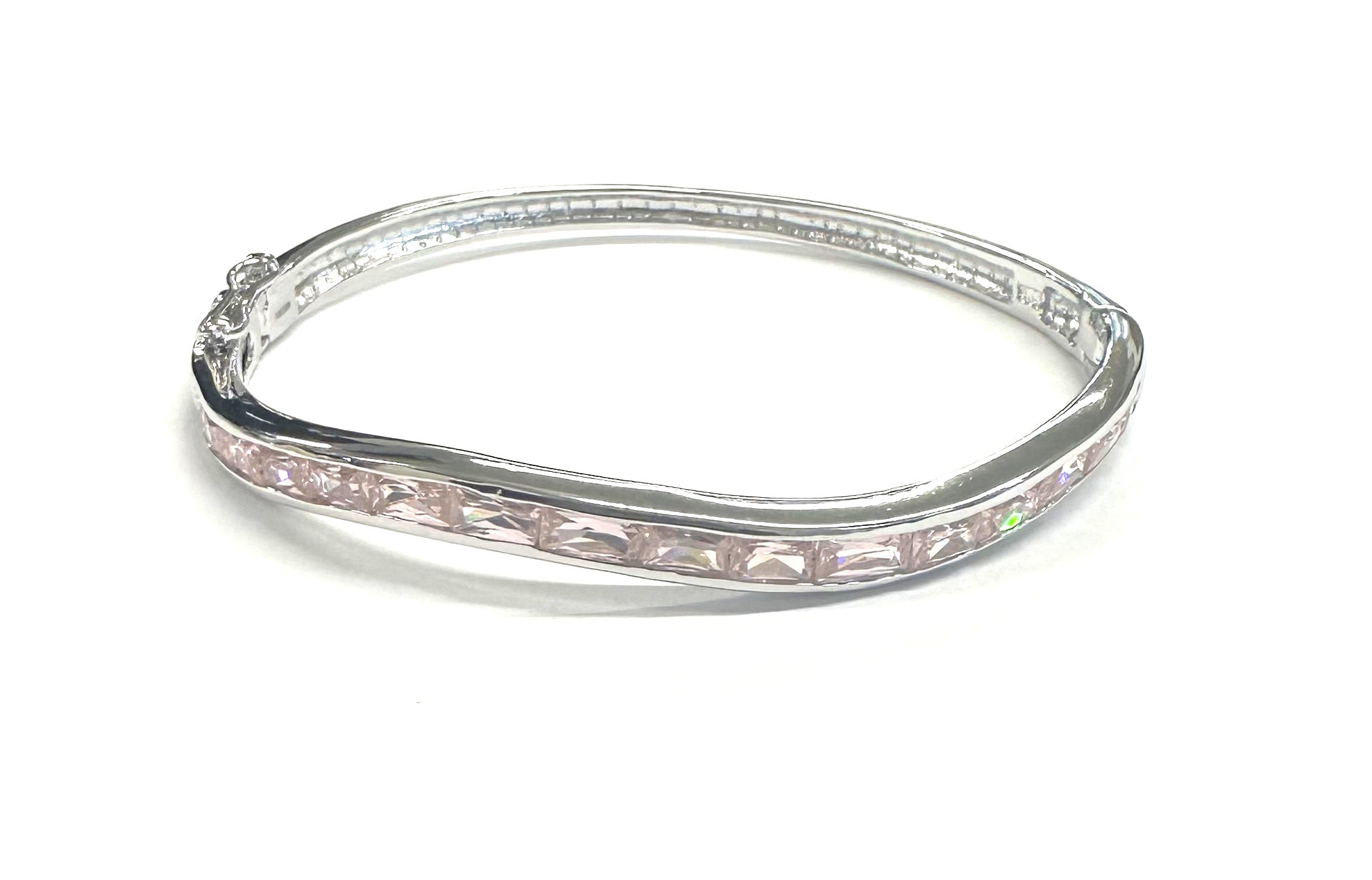 Pink Cubic Zirconia Silver Twist Design Bangle.