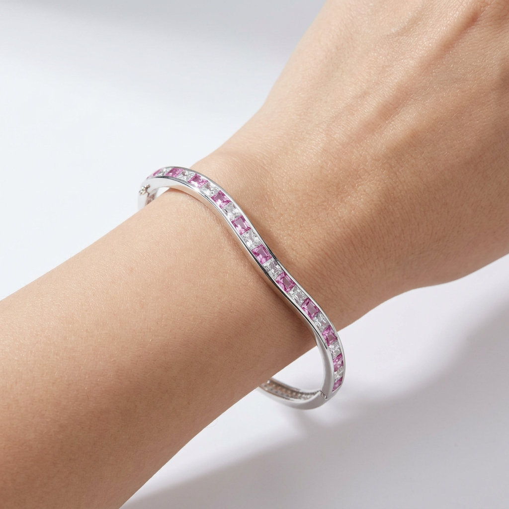 Ruby And White Cubic Zirconia Silver Twist Design Bangle.