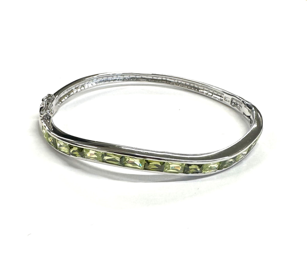 Peridot Dark And Light Cubic Zirconia Silver Twist Design Bangle.