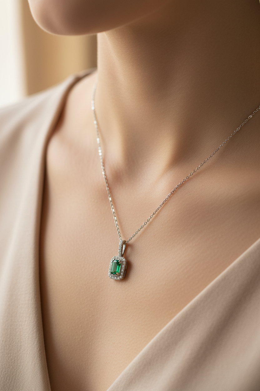 9 CT White Gold Emerald Necklace