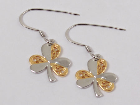 Shamrock Earrings Plain Silver with Yellow Gold Plating