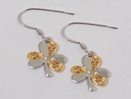 Shamrock Earrings Plain Silver with Yellow Gold Plating