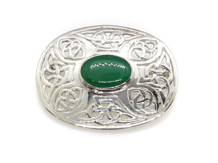 Celtic Green Agate Stone Silver Brooch