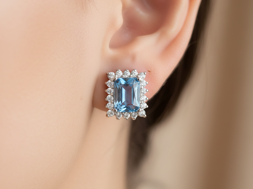 An Aquamarine & White Cubic Zirconia Earring.