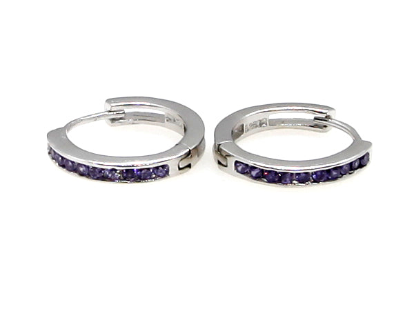 Amethyst & White Cz Silver Hoop Earring
