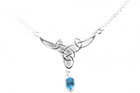 Celtic Silver Necklace with Drop Aquamarine Cubic Zircona Stone