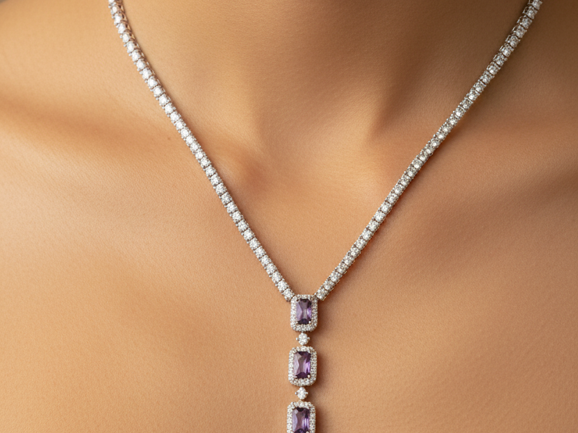 Amethyst Cubic Zirconia Silver Necklace.