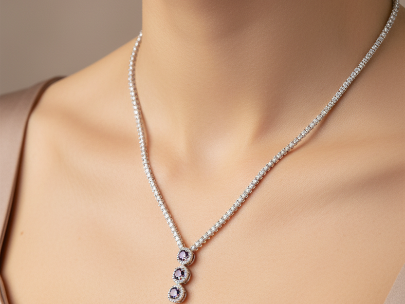 Amethyst Cubic Zirconia Silver Necklace.