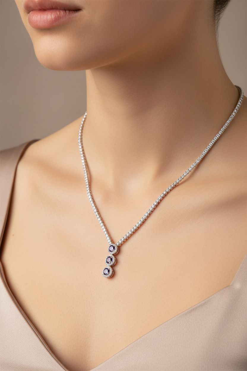 Amethyst Cubic Zirconia Silver Necklace.