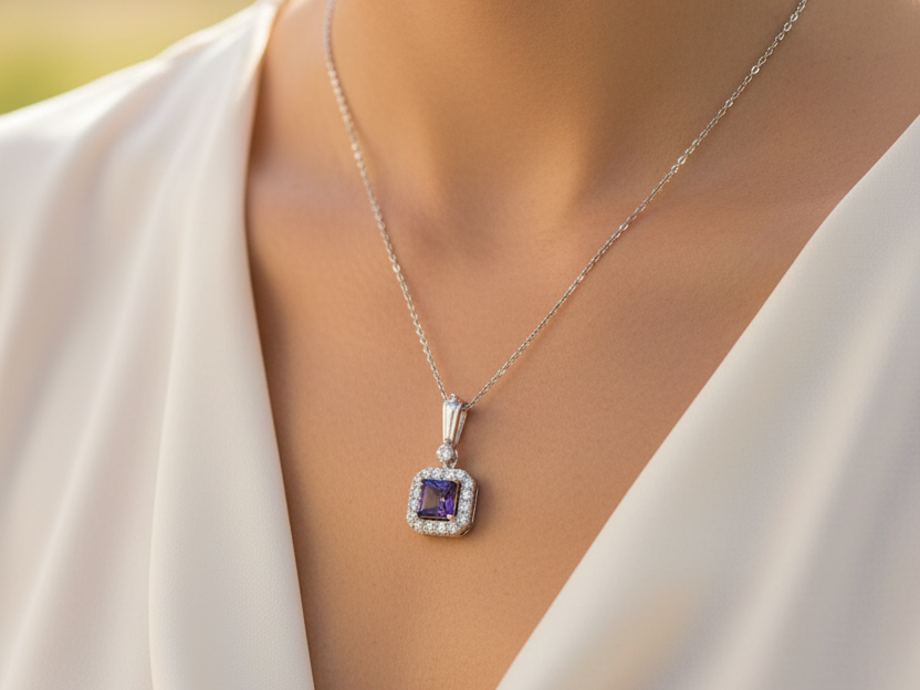 Silver Amethyst & White Cz Stone Set Necklace