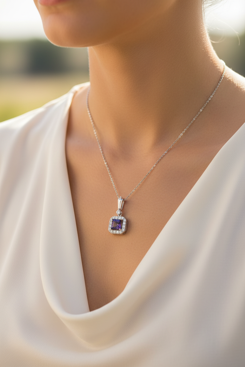 Silver Amethyst & White Cz Stone Set Necklace