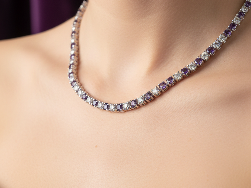 Amethyst Cubic Zirconia Claw Set Tennis Necklace