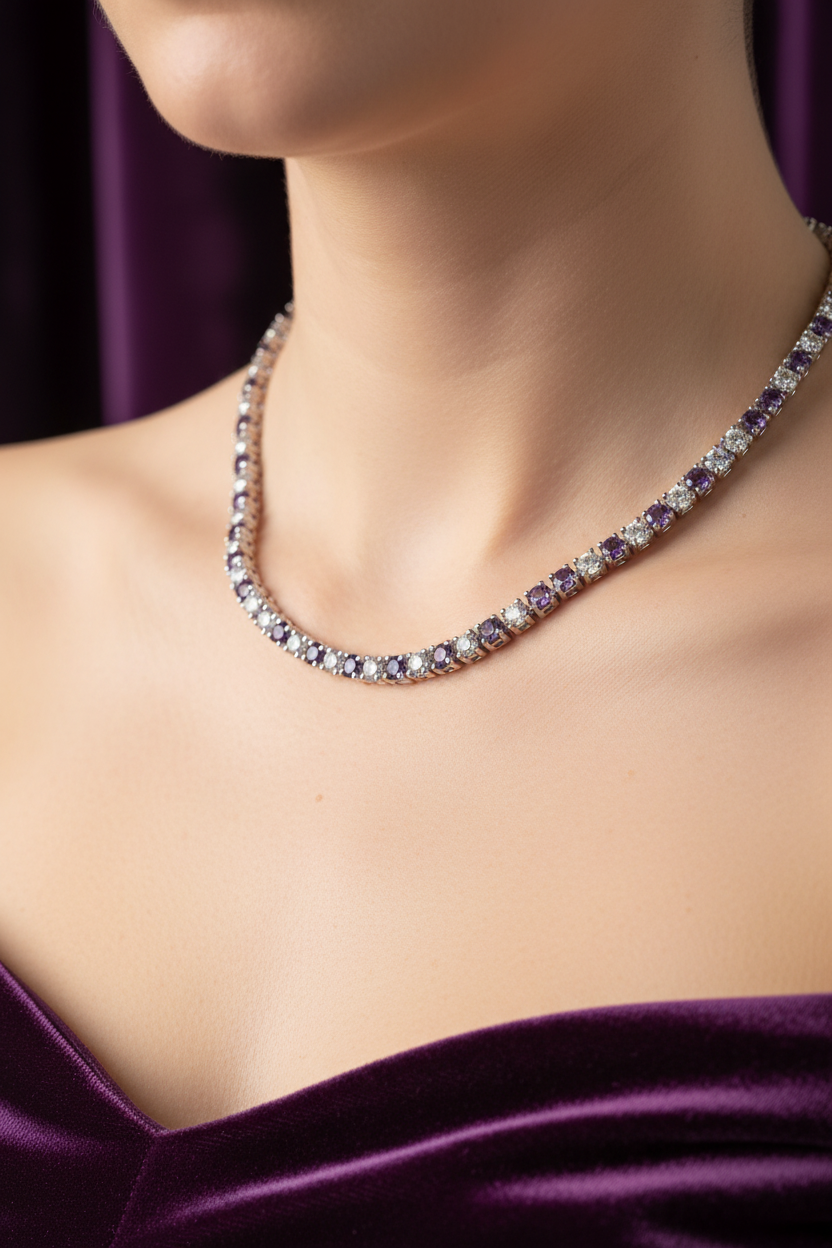 Amethyst Cubic Zirconia Claw Set Tennis Necklace