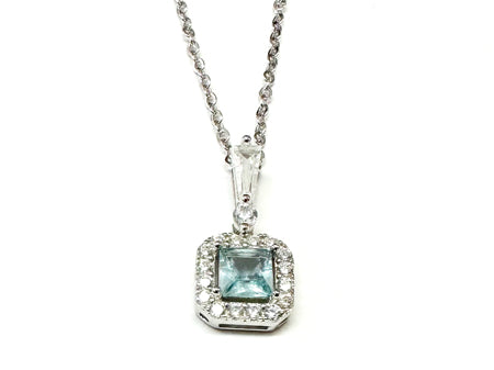 Silver Aquamarine & White Cz Stone Set Necklace