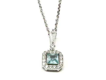 Silver Aquamarine & White Cz Stone Set Necklace
