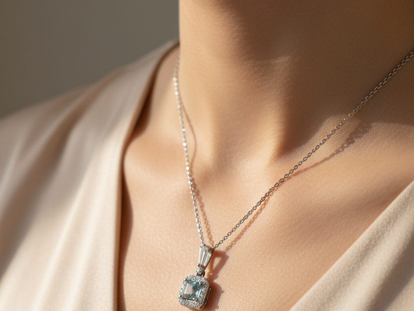 Silver Aquamarine & White Cz Stone Set Necklace