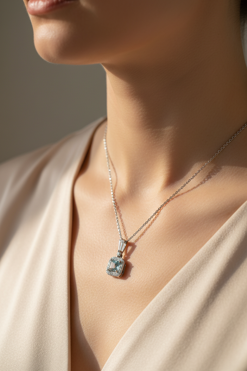 Silver Aquamarine & White Cz Stone Set Necklace