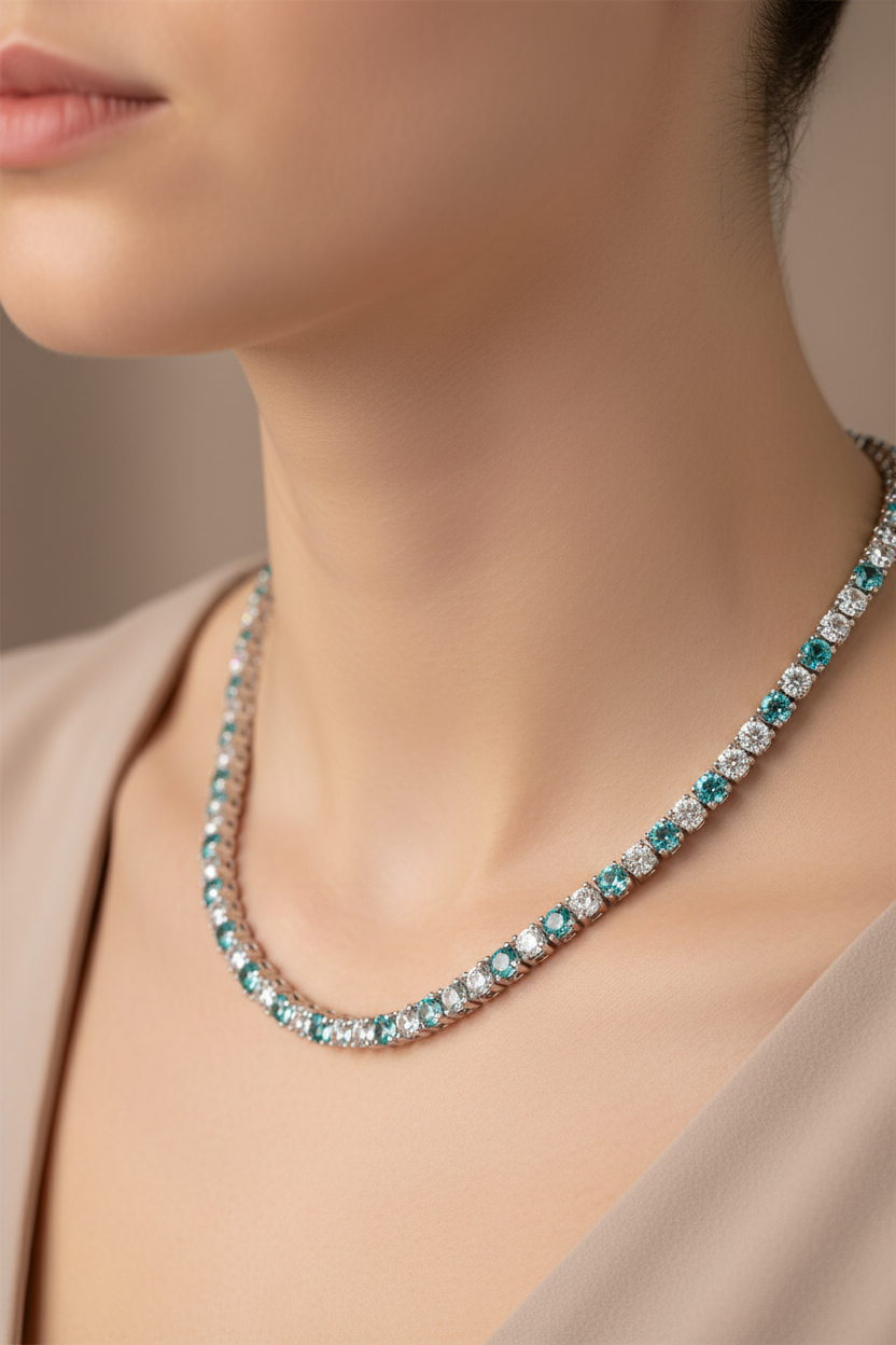 Aquamarine Cubic Zirconia Claw Set Tennis Necklace