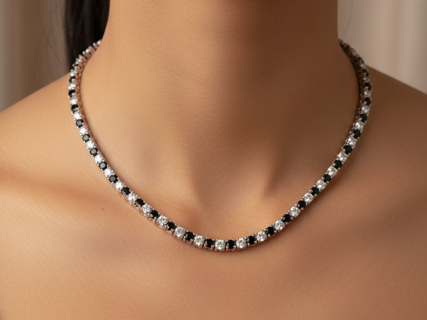 Black Cubic Zirconia Claw Set Tennis Silver 3mm Stone  Necklace
