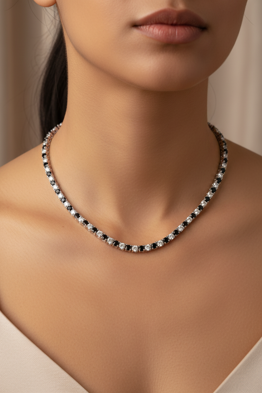 Black Cubic Zirconia Claw Set Tennis Silver 3mm Stone  Necklace