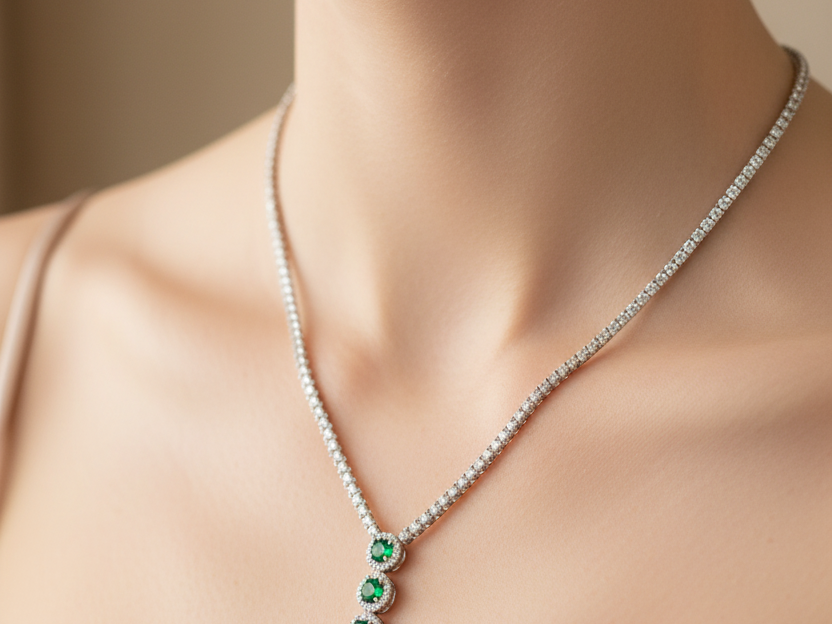 Emerald & White Cubic Zirconia Silver Necklace.