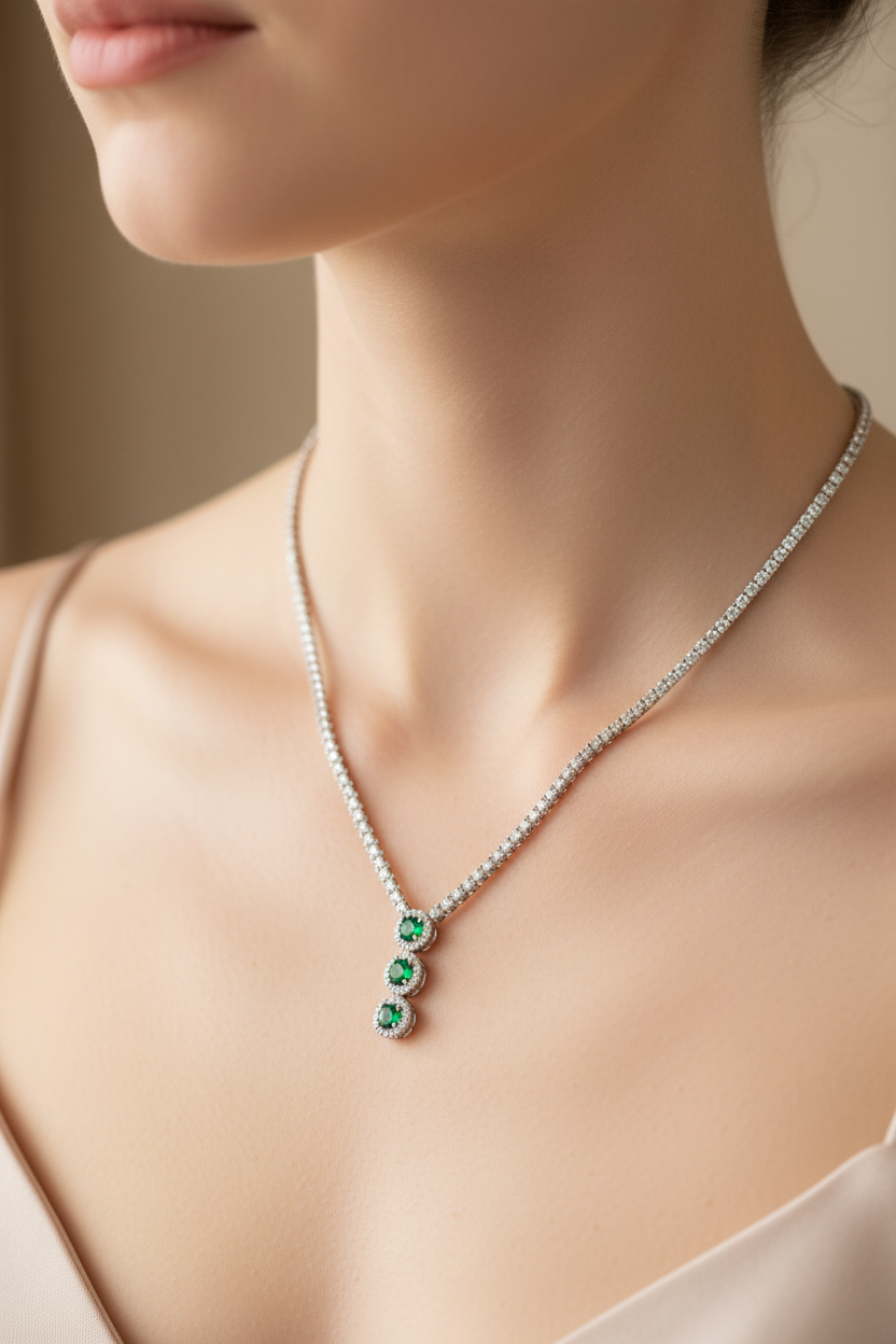 Emerald & White Cubic Zirconia Silver Necklace.