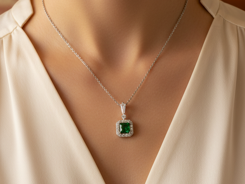 Silver Emerald & White Cz Stone Set Necklace