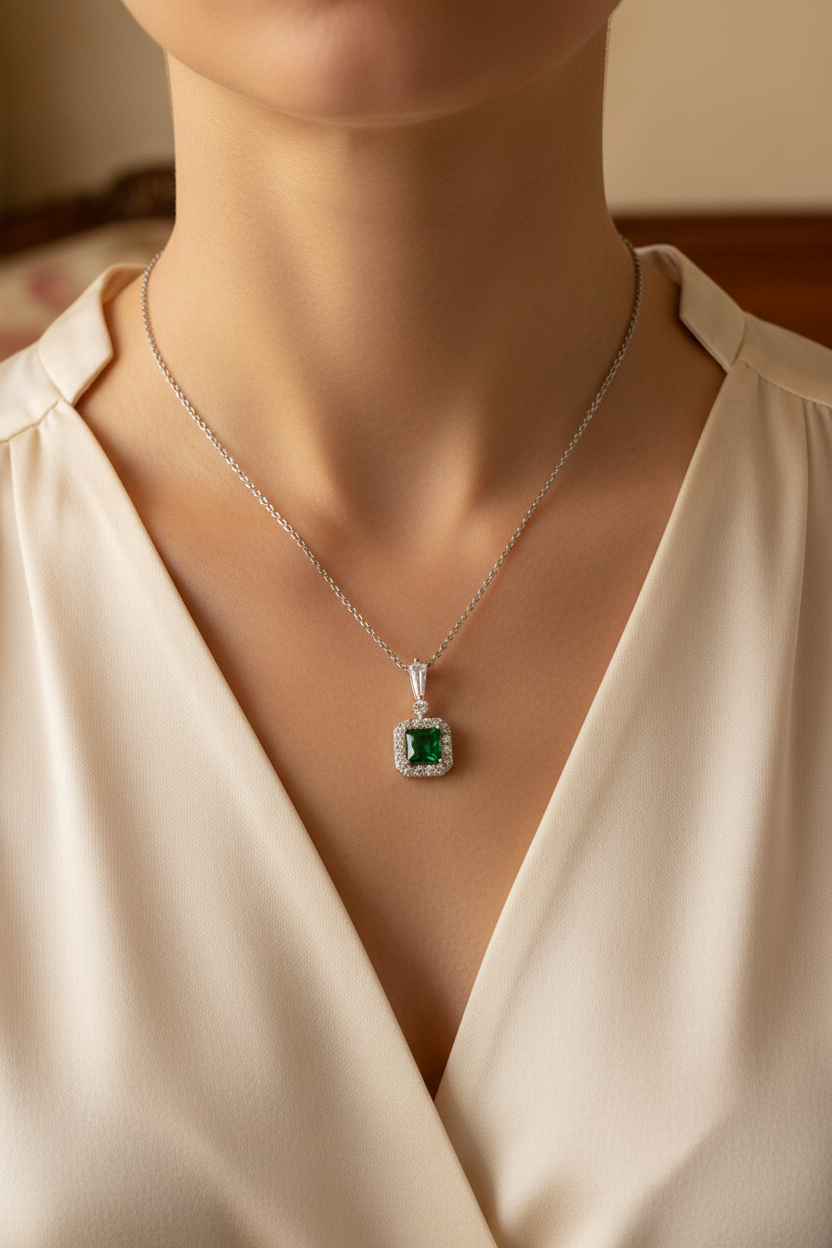 Silver Emerald & White Cz Stone Set Necklace