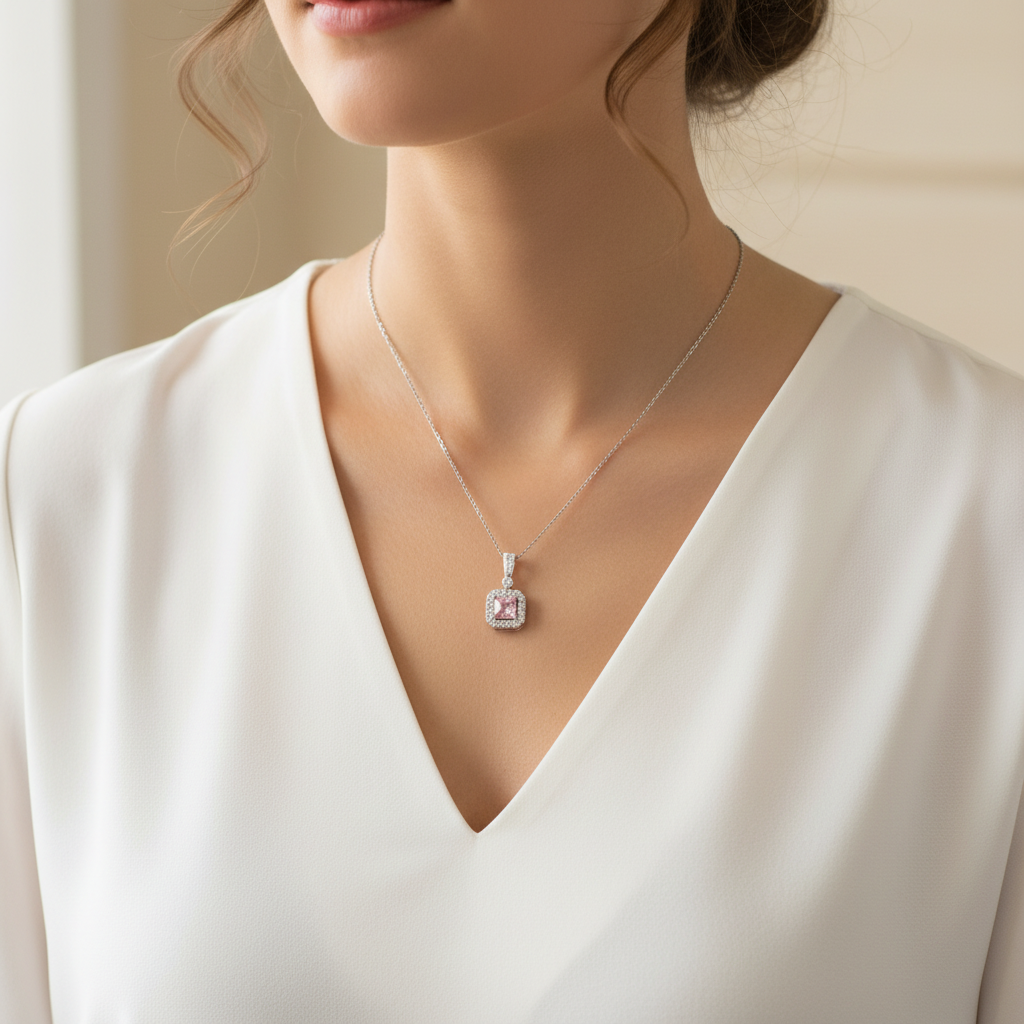 Silver Pink & White Cz Stone Set Necklace