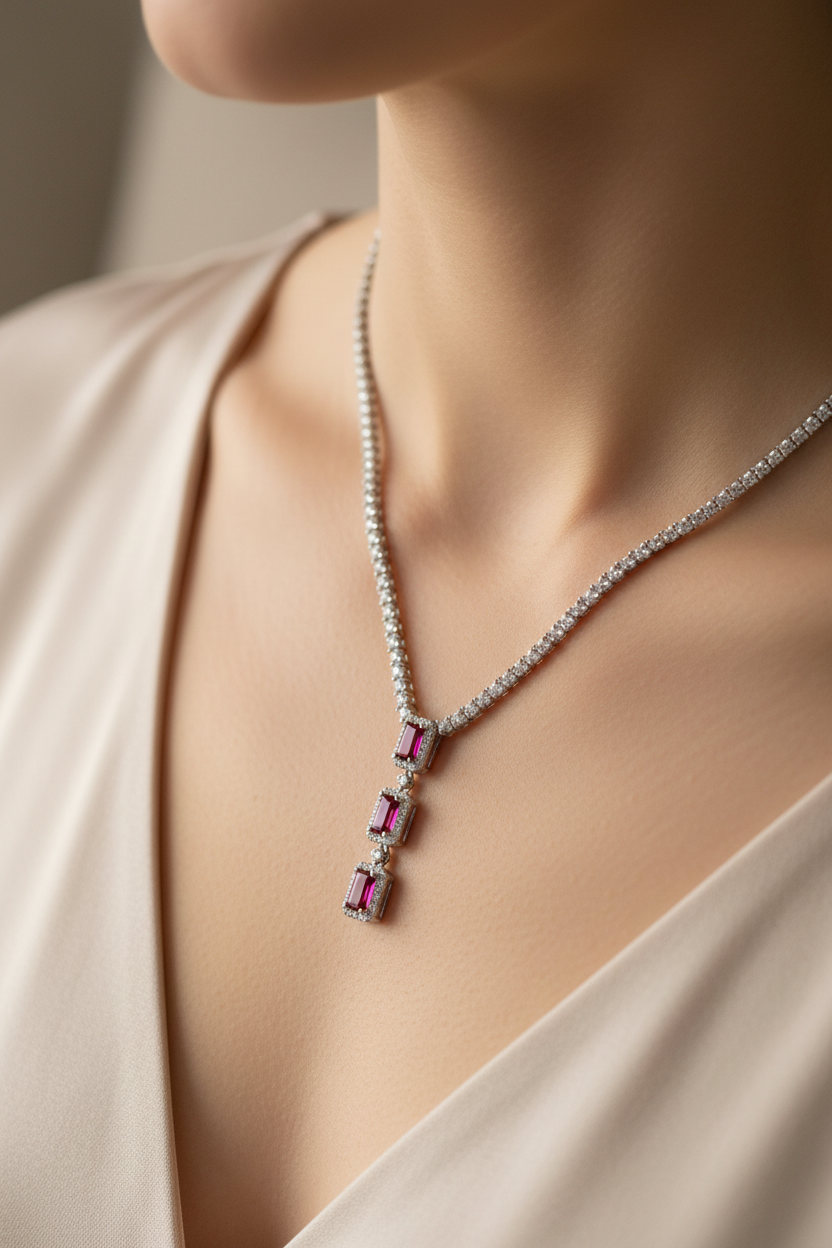 Ruby Cubic Zirconia Silver Necklace.