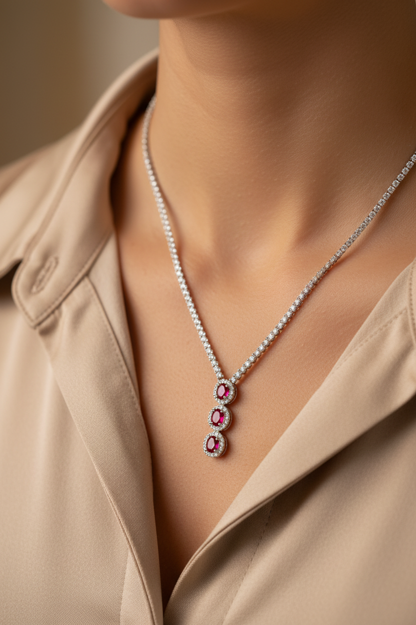 Ruby Cubic Zirconia Silver Necklace.