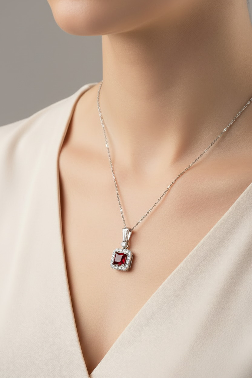 Silver Ruby & White Cz Stone Set Necklace