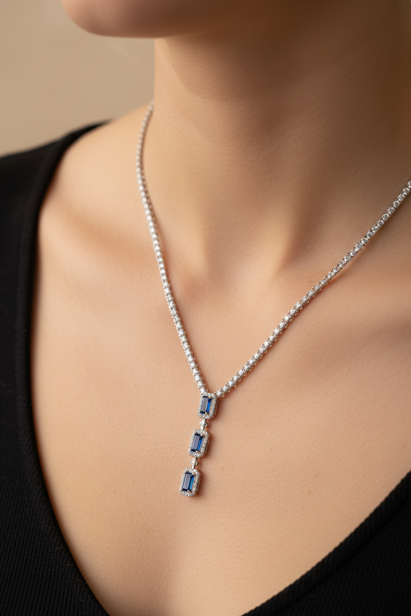 Sapphire Cubic Zirconia Silver Necklace.