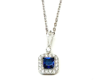 Silver Sapphire & White Cz Stone Set Necklace