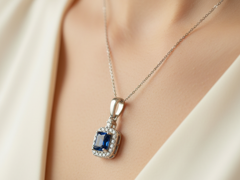 Silver Sapphire & White Cz Stone Set Necklace