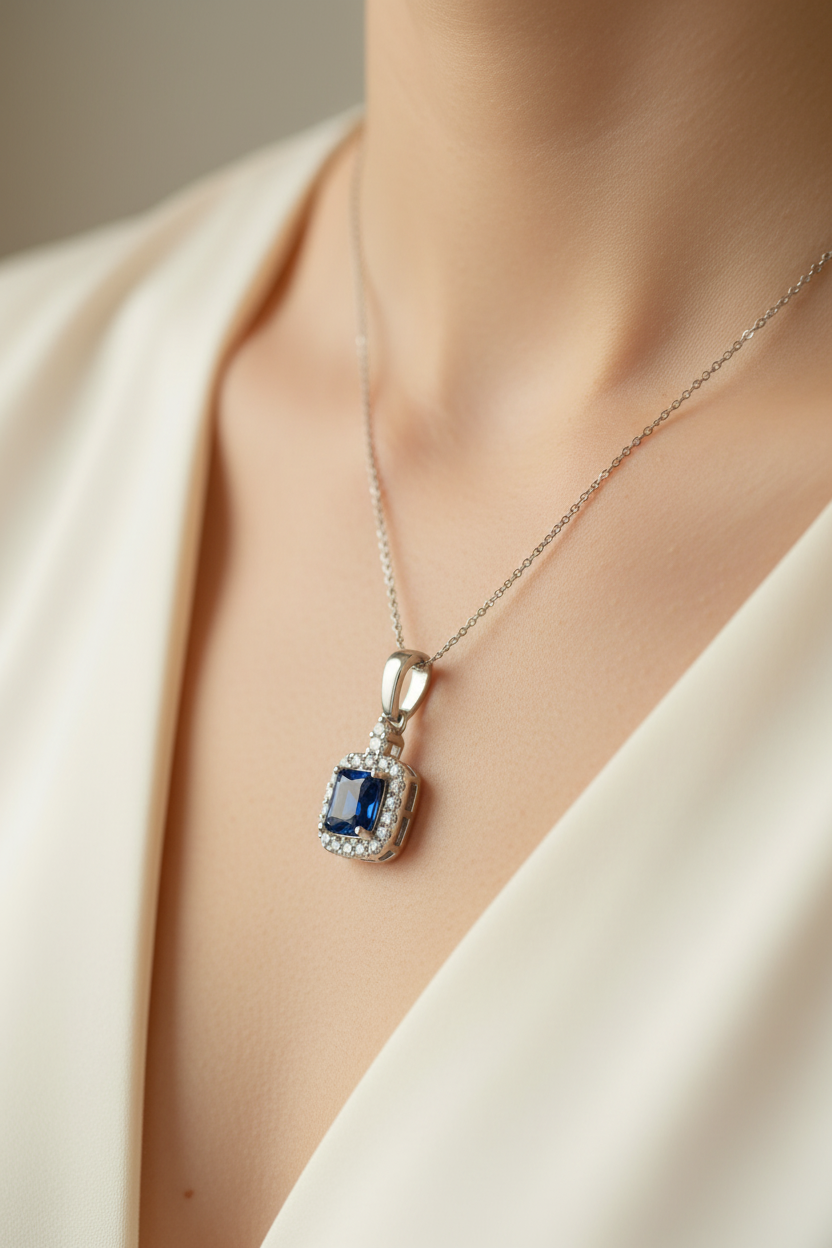 Silver Sapphire & White Cz Stone Set Necklace