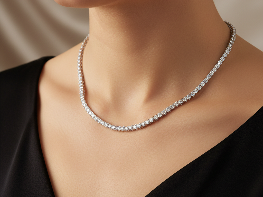 White Cubic Zirconia Princess Cut Tennis 4 x 4 Stone Silver Necklace