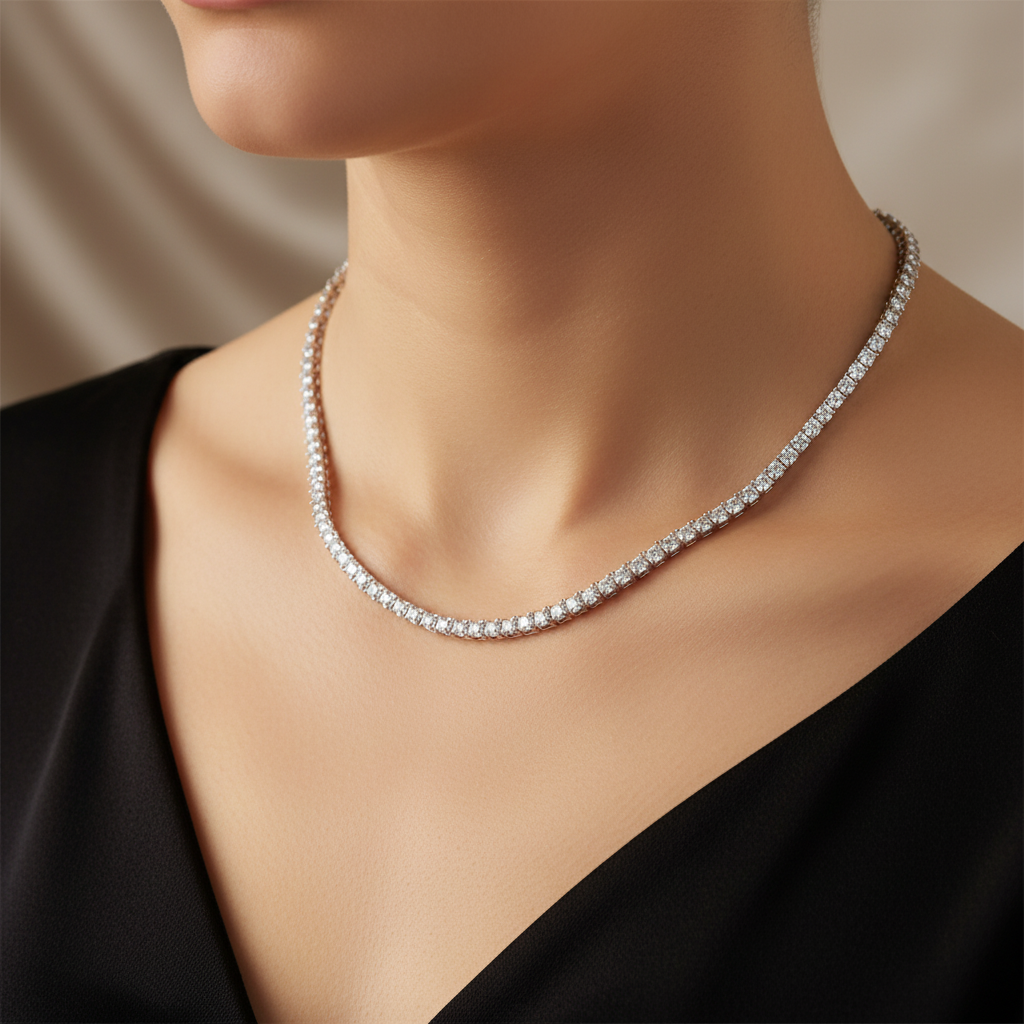 White Cubic Zirconia Princess Cut Tennis 4 x 4 Stone Silver Necklace