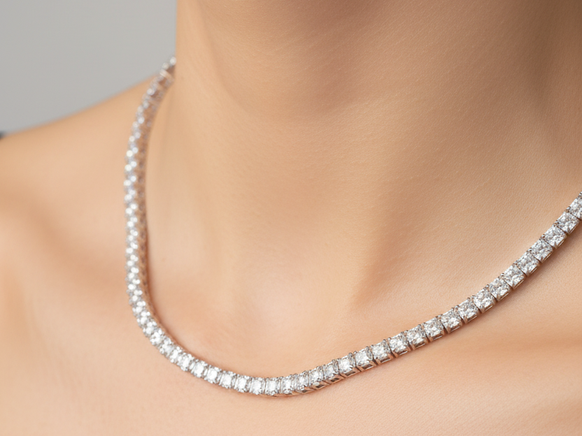 White Cubic Zirconia Princess Cut Tennis 3 x 3 Stone Silver Necklace