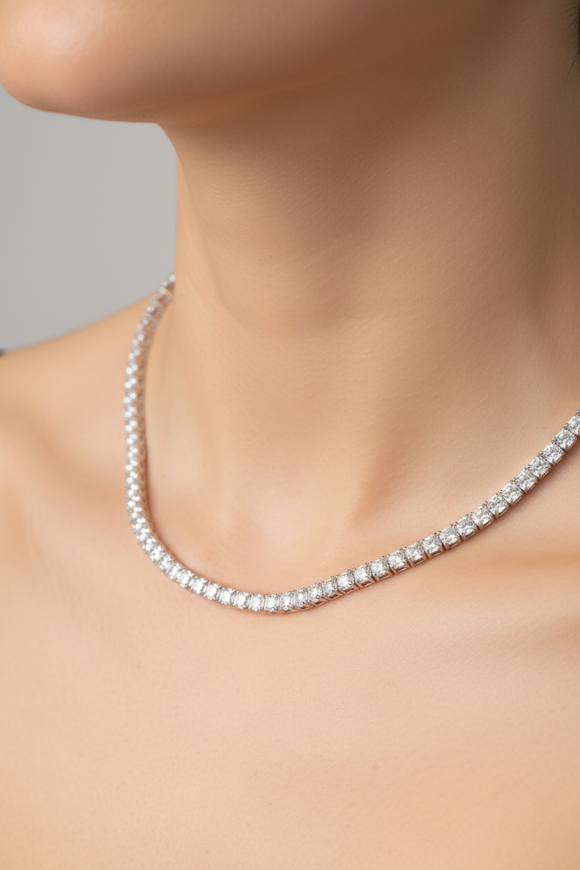 White Cubic Zirconia Princess Cut Tennis 3 x 3 Stone Silver Necklace