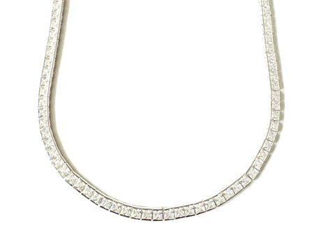 White Cubic Zirconia Princess Cut Tennis 3 x 3 Stone Silver Necklace