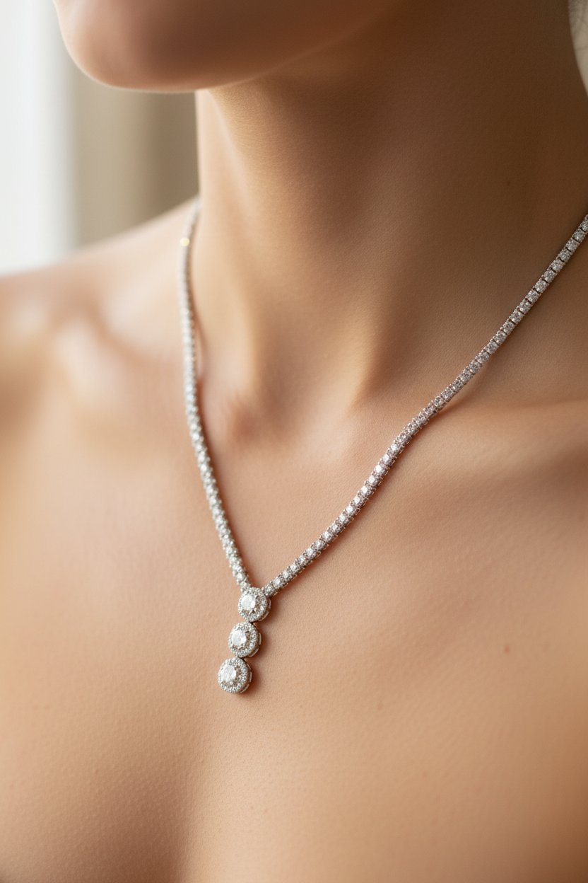 White Cubic Zirconia Silver Necklace.