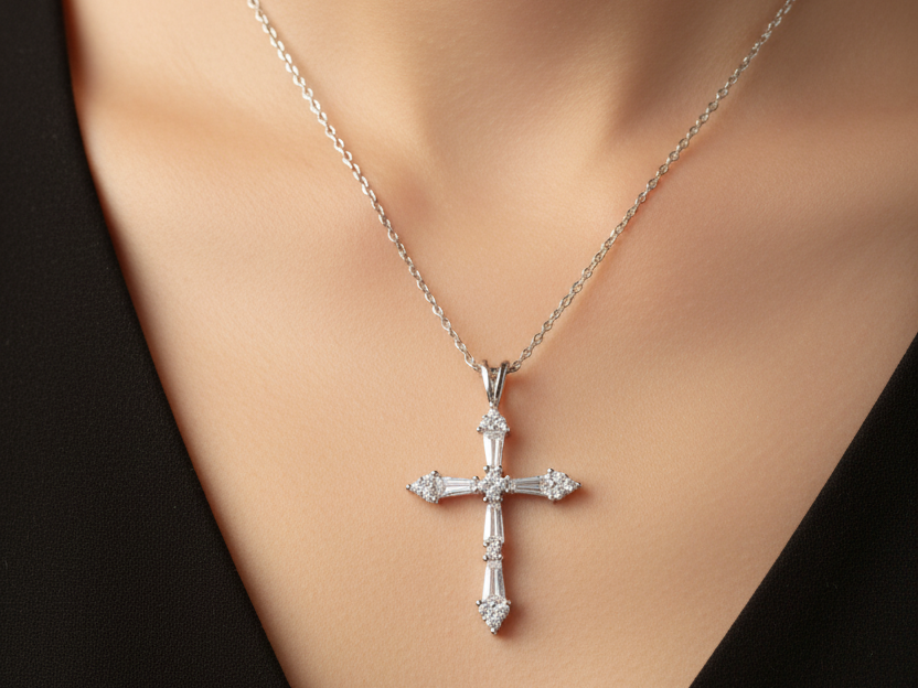 White CZ Silver Cross Necklace