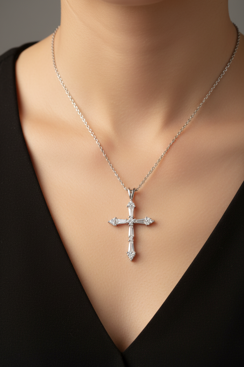 White CZ Silver Cross Necklace