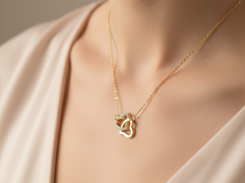 Yellow Plated on Silver Double Heart Necklace.