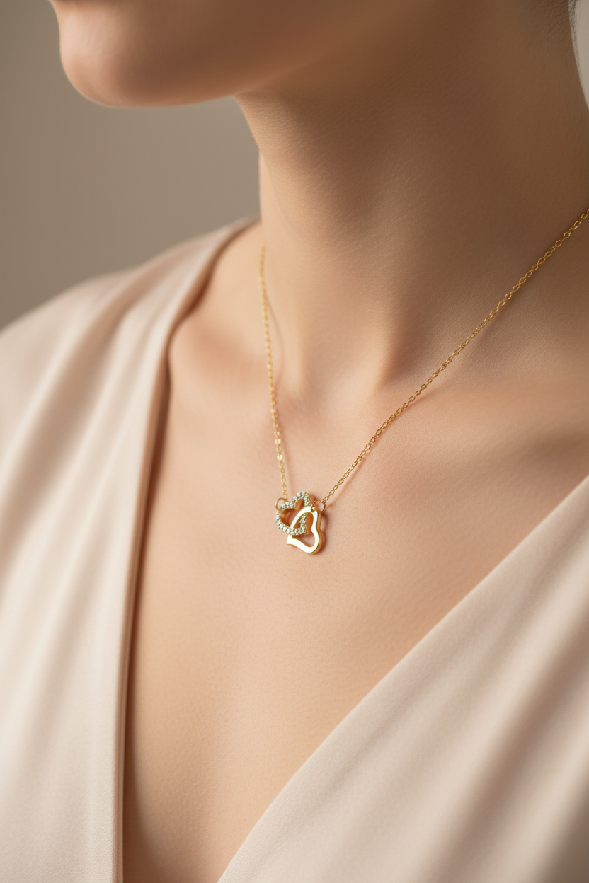 Yellow Plated on Silver Double Heart Necklace.