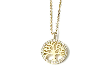 Yellow Plated Silver Cubic Zirconia Tree Of Life Necklace (Pendant & Chain)